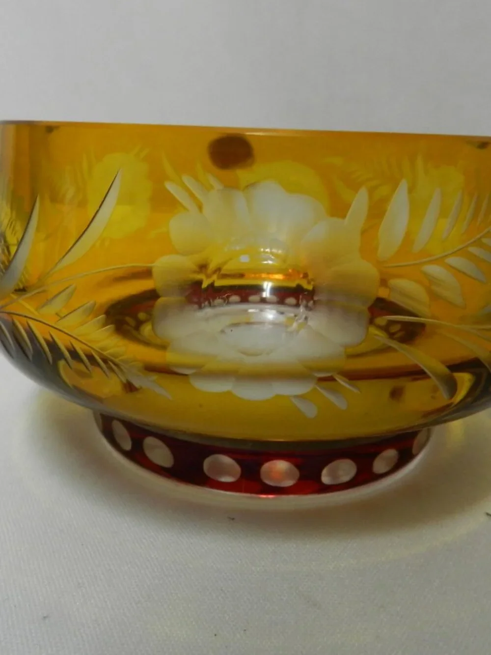 Bohemia Vintage Crystal w/Sticker Amber & Ruby glass small Ashtray Pedestal Bowl